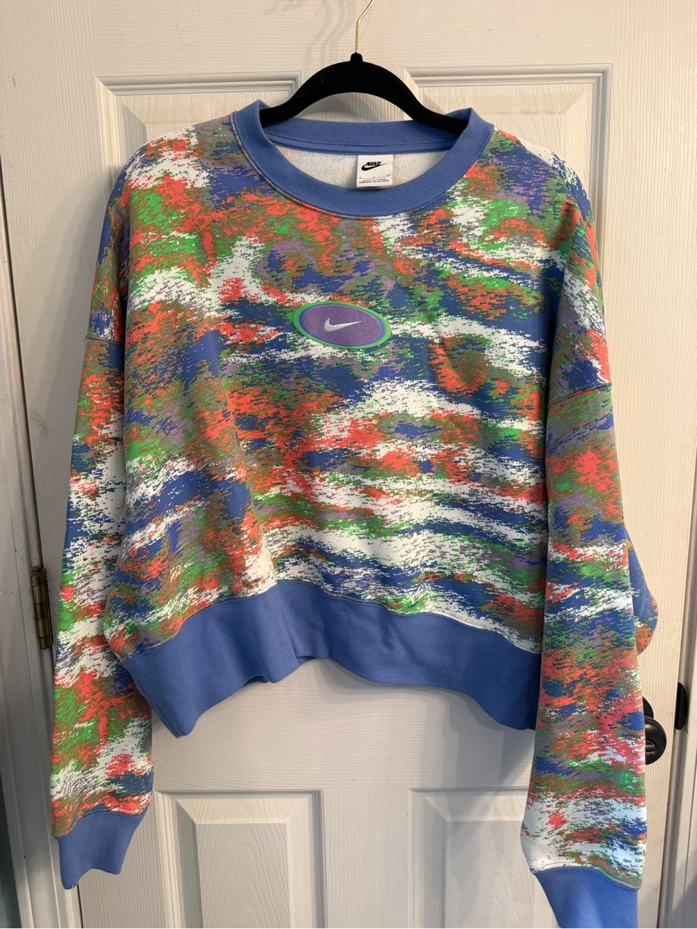 Nike Multicolor Abstract Cropped Crewneck Sweater with Blue Trim